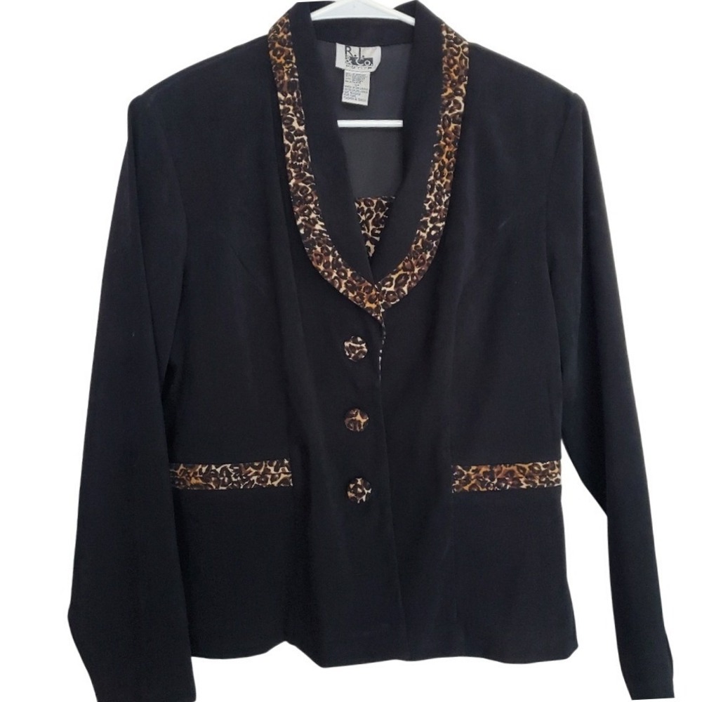 Vintage‎ Black Blazer Single Breasted Leopard Print Detail SZ:12P